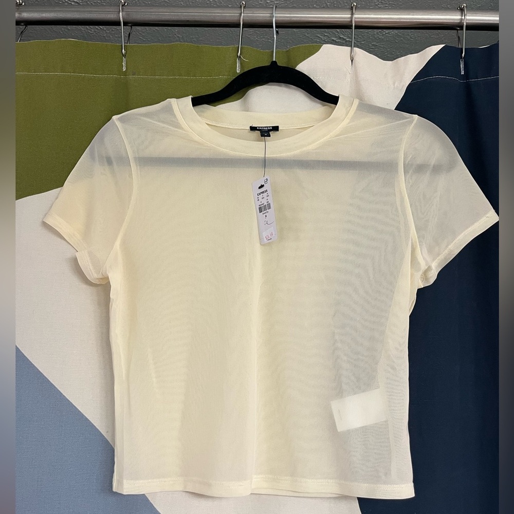 Express Sheer Short-Sleeve Mesh Tee in Cream